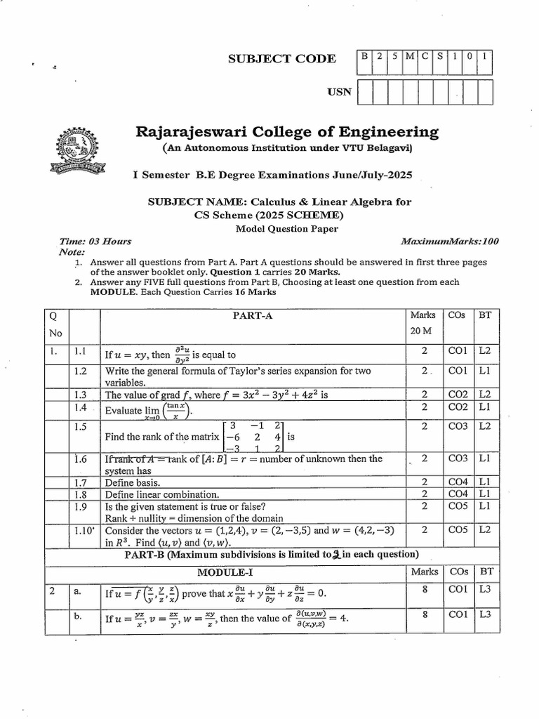 Calculus & Linear Algebra Exam Paper | PDF | Abstract Algebra | Algebra