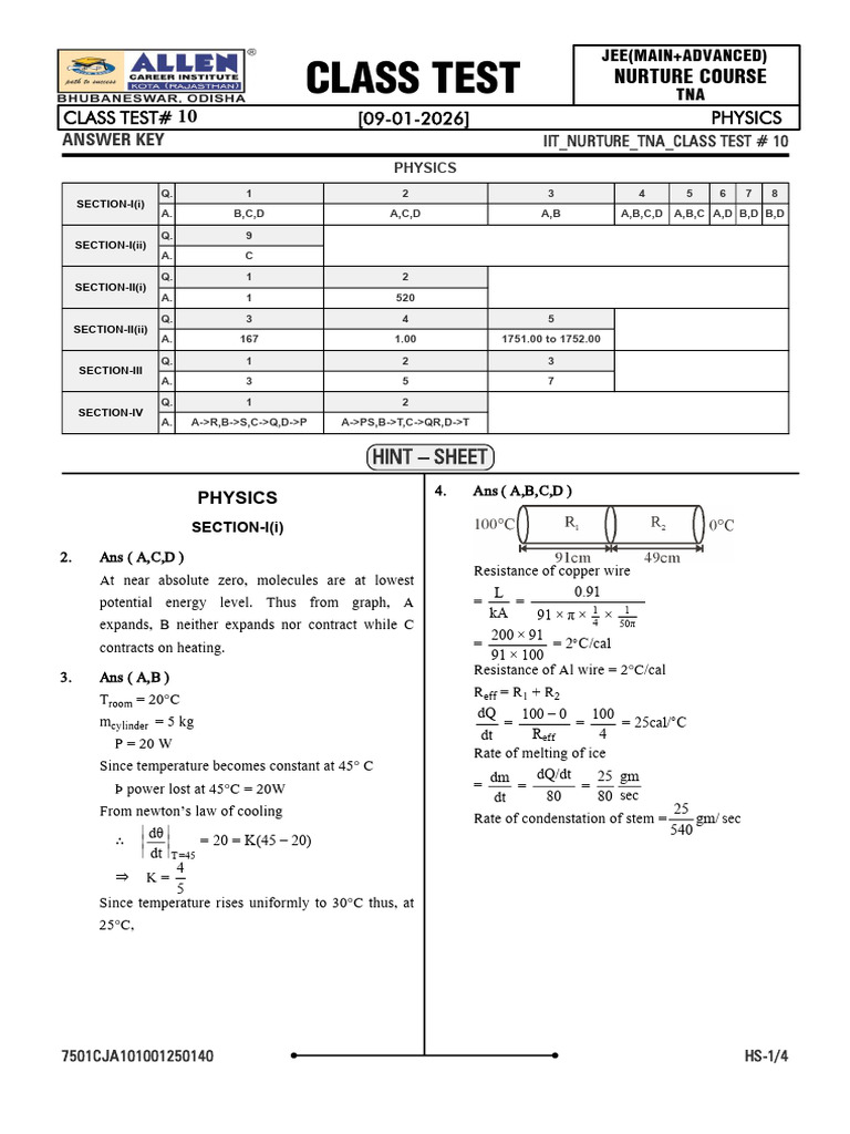 Physics Class Test #10 Answer Key | PDF | Physical Chemistry | Applied ...