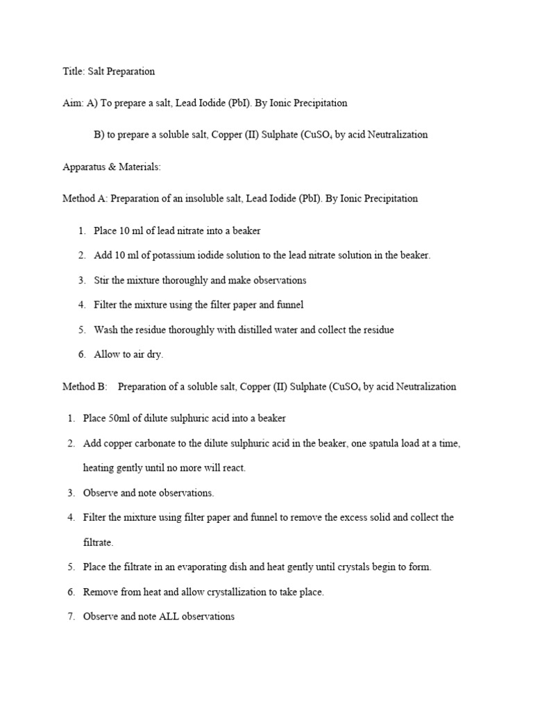 Salt Preparation: PbI & CuSO4 Methods | PDF | Filtration | Salt (Chemistry)