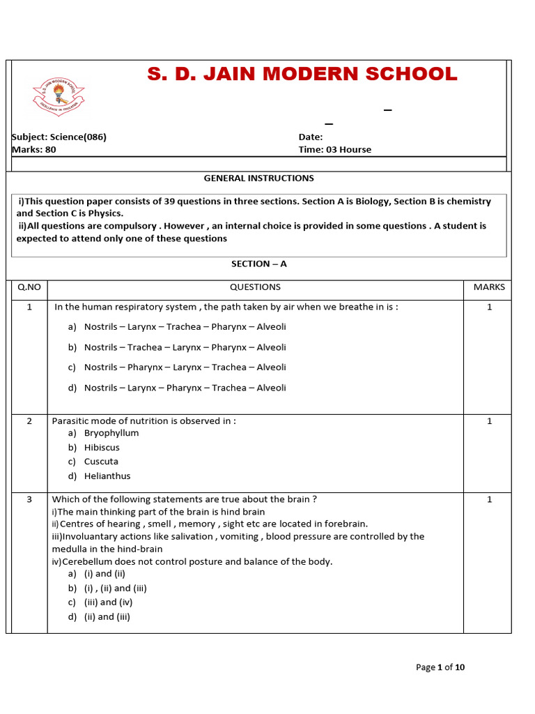 Standard X Science Practice Paper 2025-26 | PDF | Light | Refraction