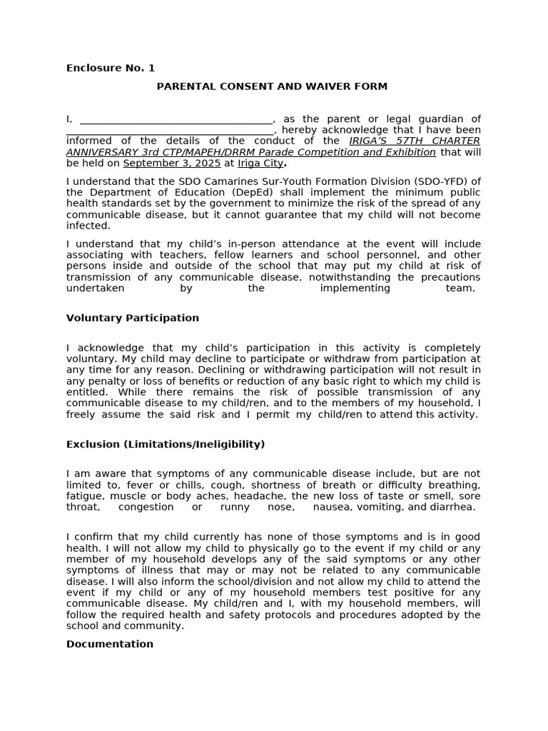 Parental Consent Form for Iriga Event | PDF | Infection | Medicine
