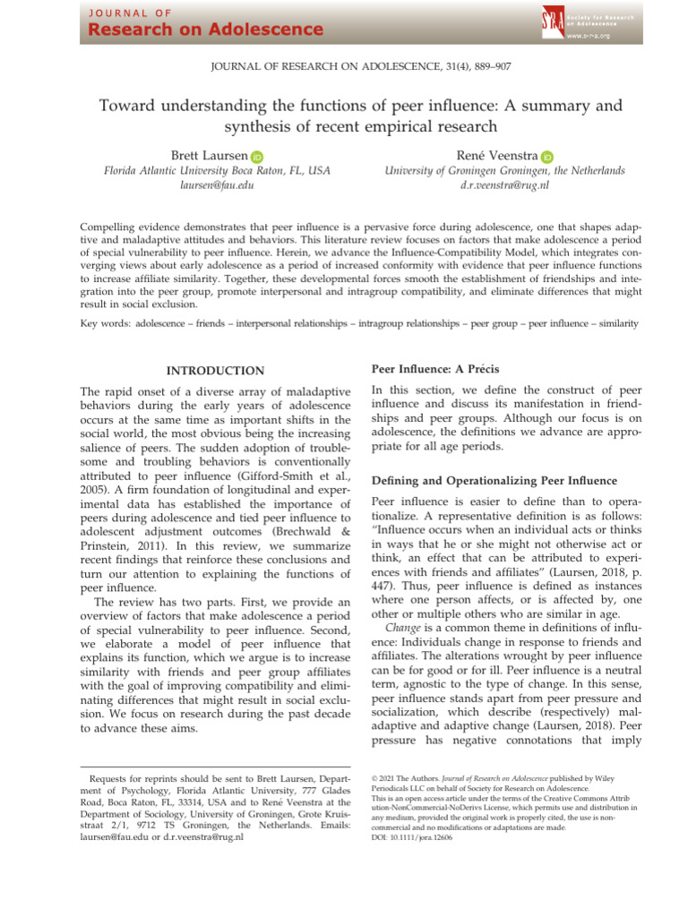 Understanding Peer Influence in Adolescence | PDF | Adolescence ...