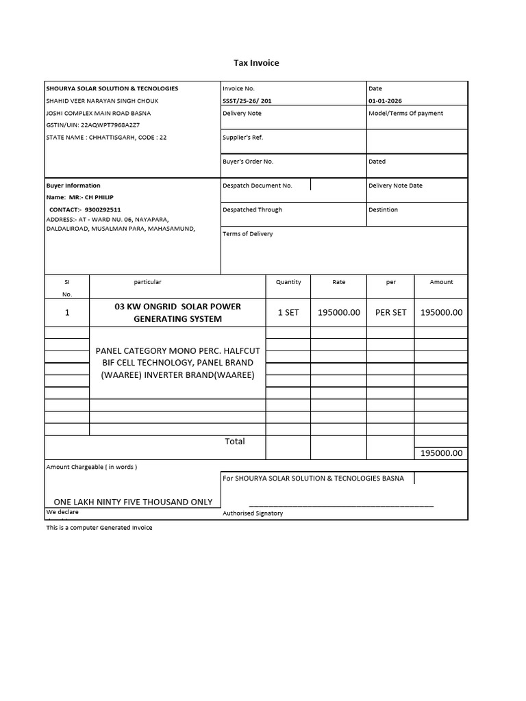 Tax Invoice for Solar Power System | PDF