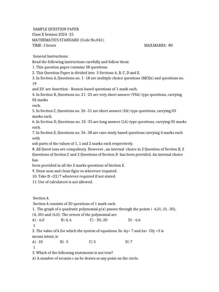 Class X Mathematics Sample Paper 2024 | PDF | Circle | Sphere