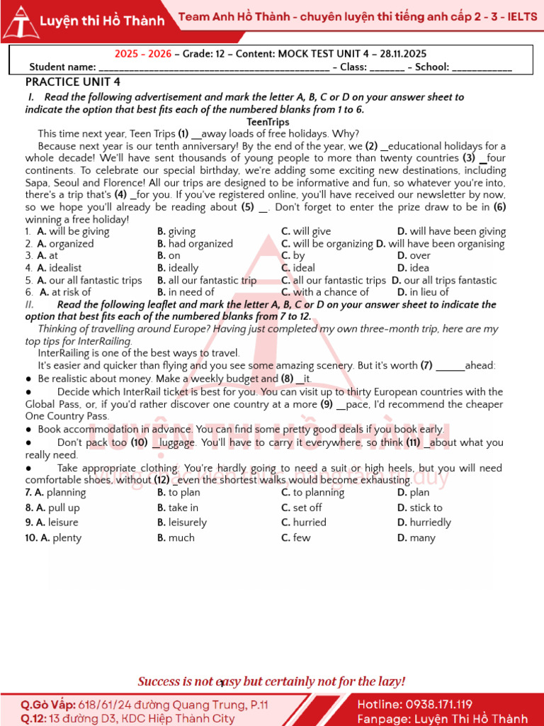 g12 Practice Test Unit 4 Câu 1 12 | PDF