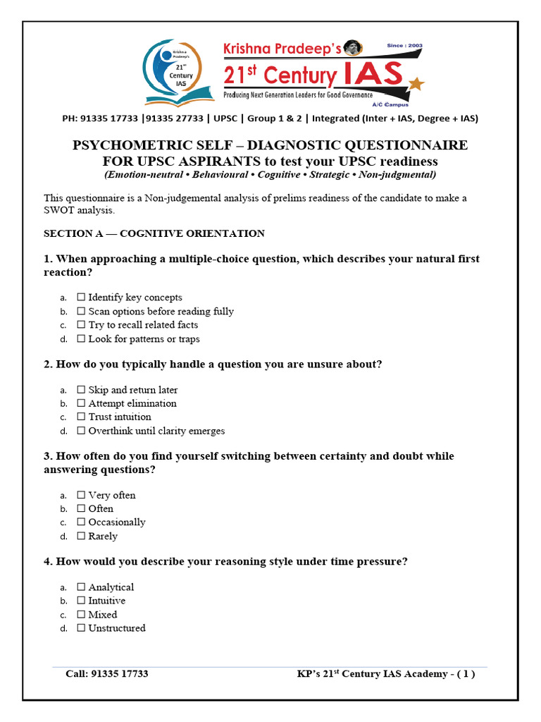UPSC Readiness Psychometric Questionnaire | PDF | Multiple Choice ...