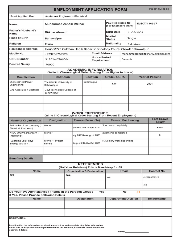 Muhammad Zohaib Iftikhar Career Form | PDF