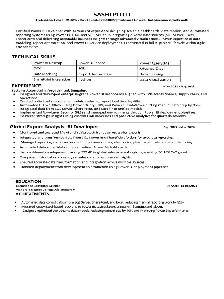 Power BI Developer Resume - Sashi Potti | PDF | Microsoft Sql Server ...
