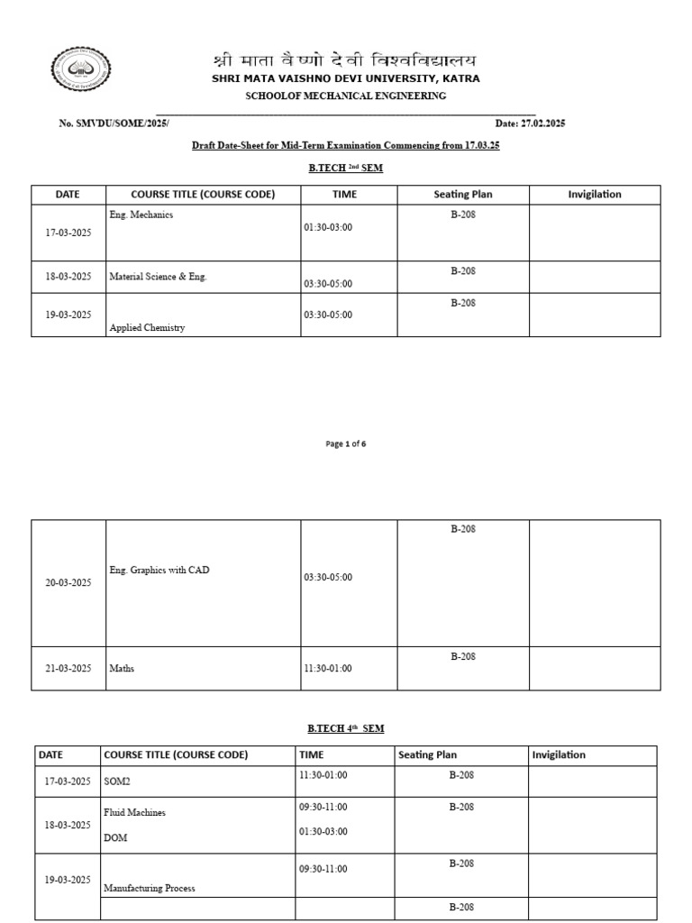 SMVDU B.Tech Mid-Term Exam Schedule | PDF | Mechanical Engineering ...