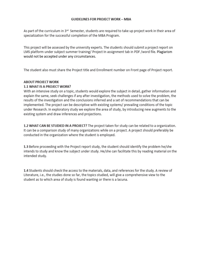 MBA Project Work Guidelines | PDF