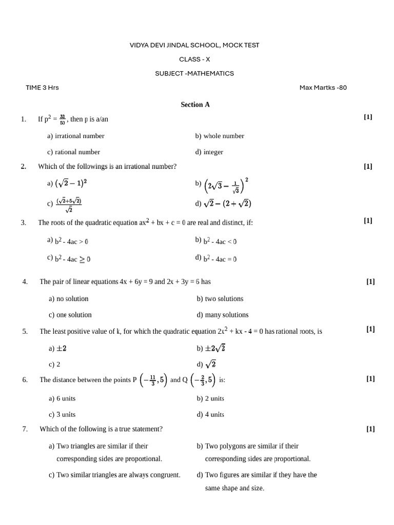 Class X Mathematics Mock Test Guide | PDF