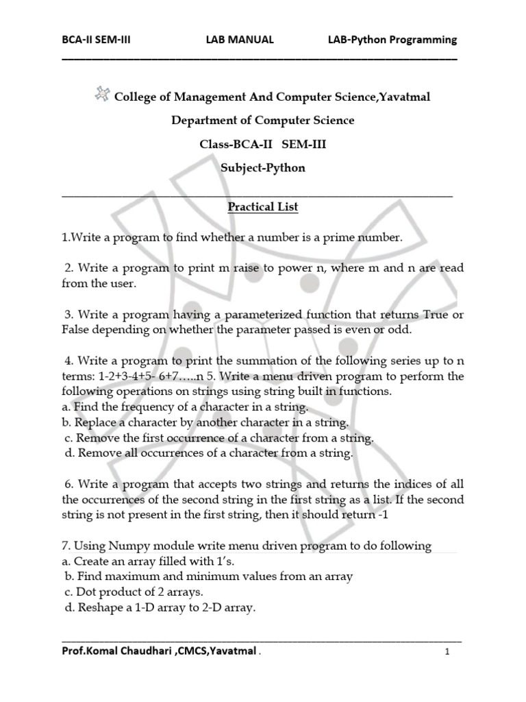 Python Programming Lab Manual BCA-II | PDF | Numbers | Parameter ...