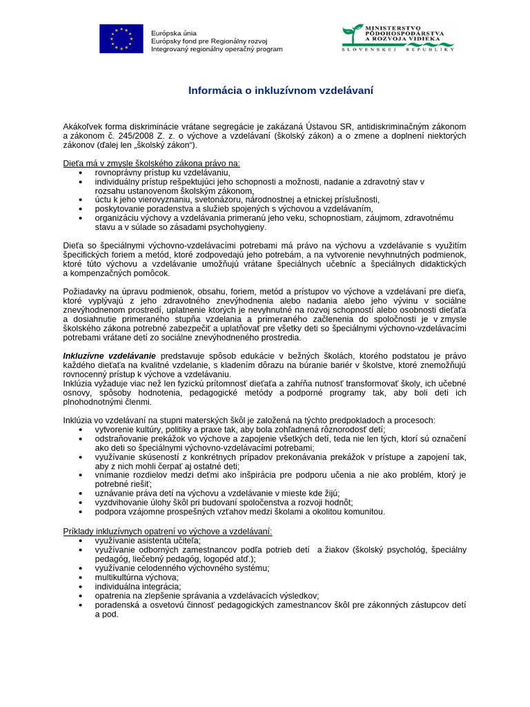 Informacia o Inkluzivnom Vzdelavani | PDF