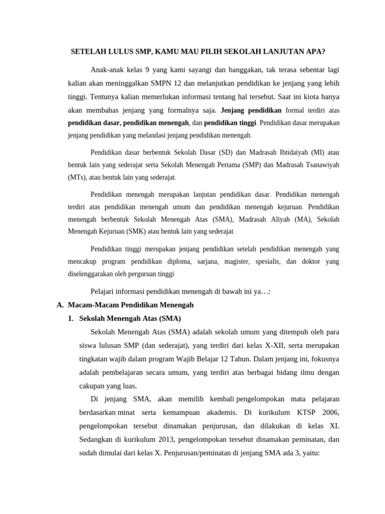 Pilihan Sekolah Setelah Lulus SMP | PDF