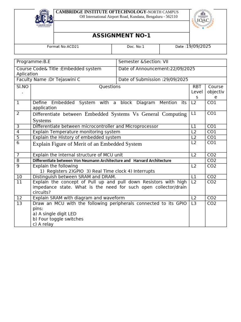 Assignment 1 - Embedded System Appliaction 2025 | PDF | Microcontroller ...