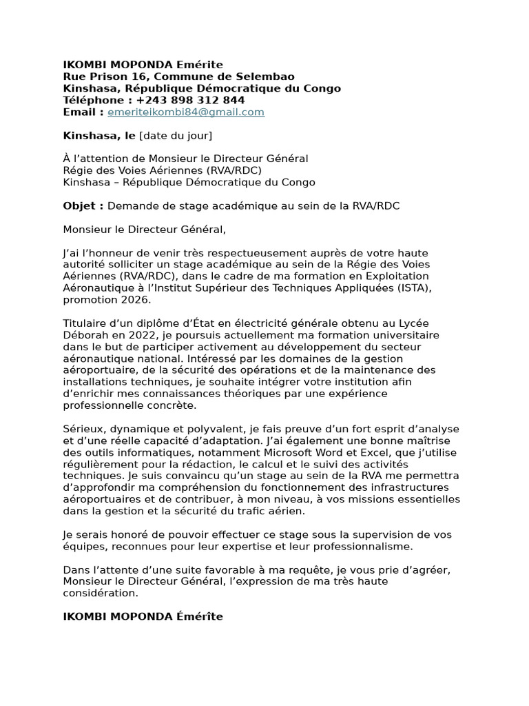 Demande de stage à la RVA/RDC | PDF