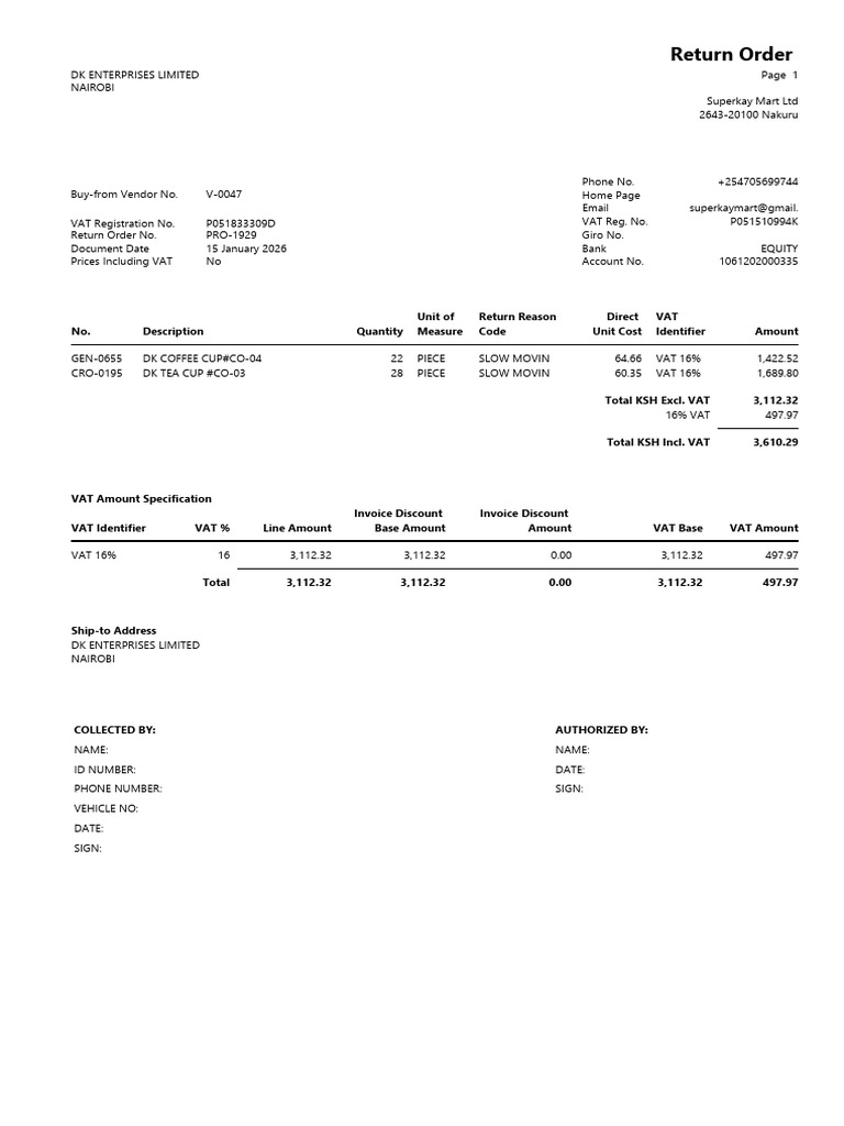 Purchase Return Order - PRO-1929 DK ENTERPRISES LIMITED (P) | PDF ...