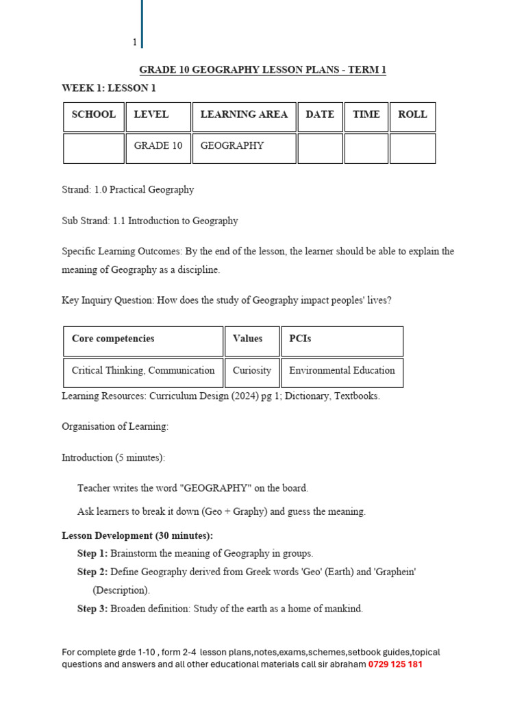 Grade 10 Geography Lesson Plans | PDF | Geography | Lesson Plan