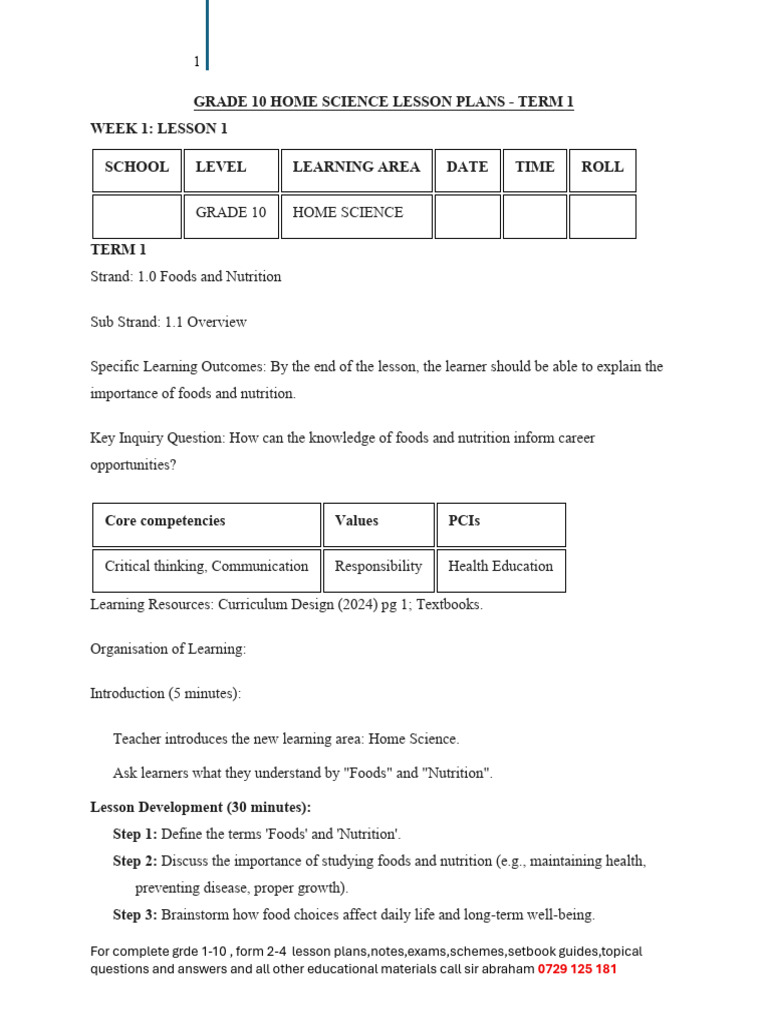 Grade 10 Home Science Lesson Plans | PDF | Kitchen | Lesson Plan