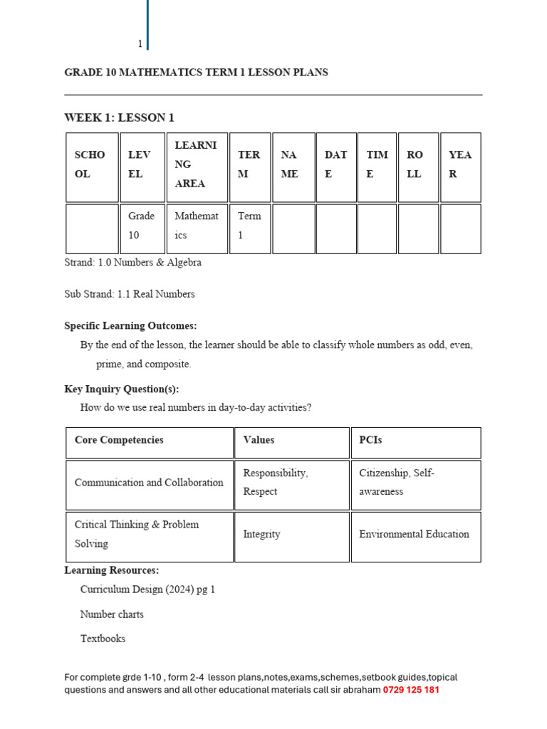Grade 10 Mathematics Lesson Plans | PDF | Numbers | Lesson Plan