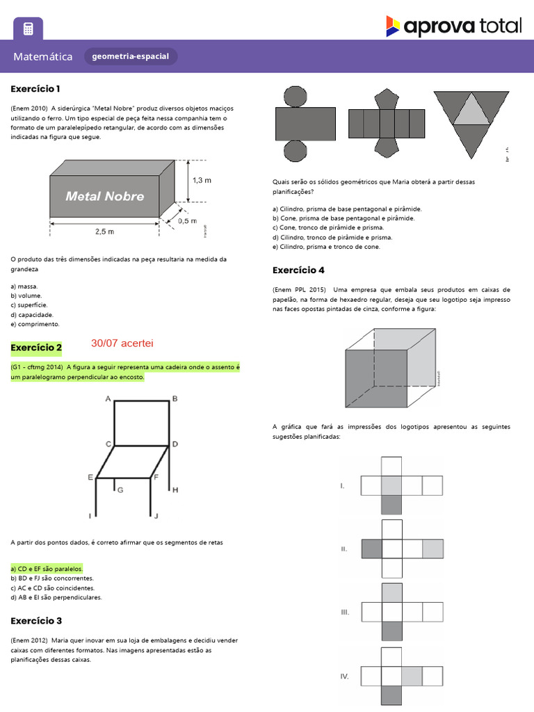 Exercícios de Geometria Espacial para ENEM | PDF | Linha (Geometria ...