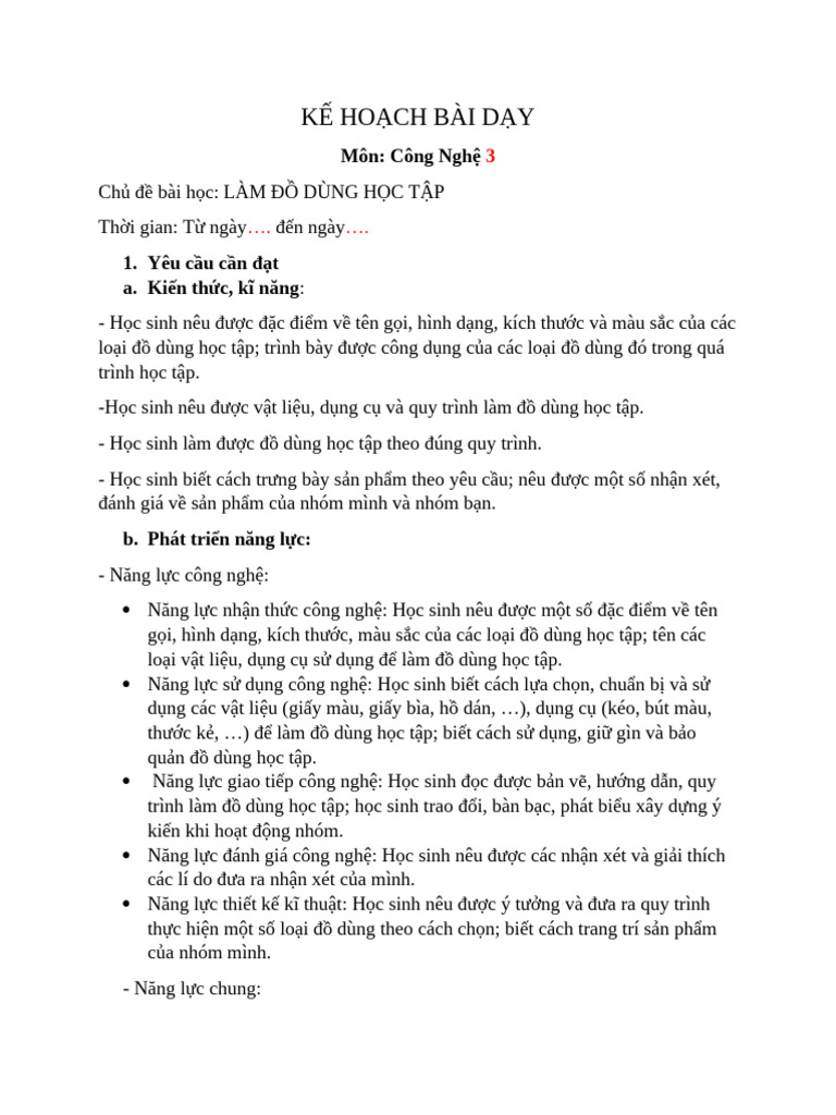 Kế Hoạch Bài Dạy Công Nghệ 3 | PDF