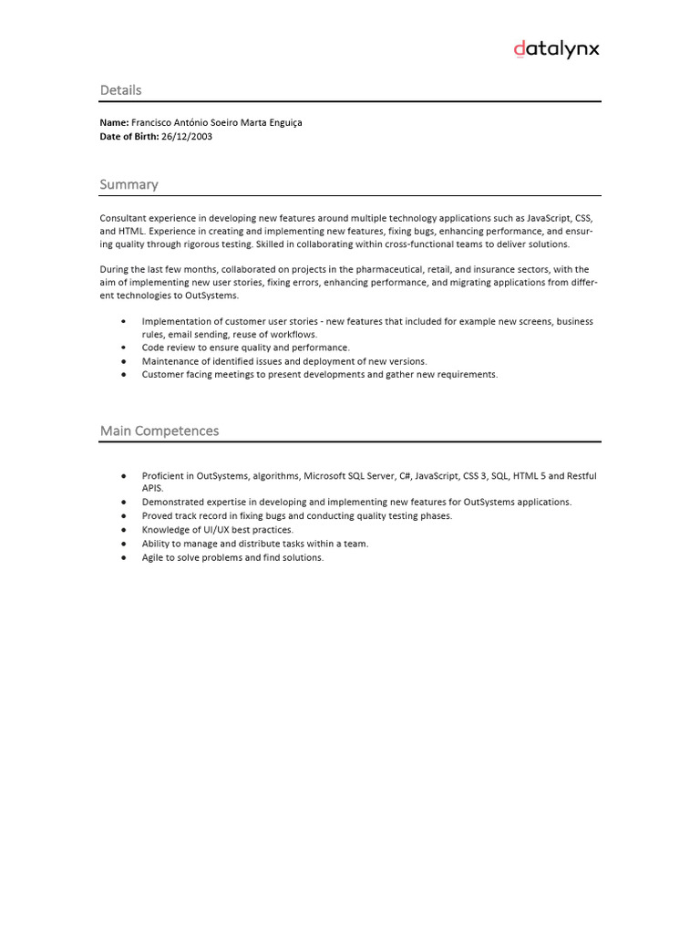 OutSystems Developer Profile Summary | PDF | Postgre Sql | Software
