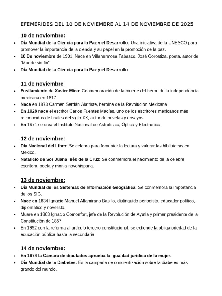 Efemérides del 10 al 14 de noviembre 2025 | PDF | México