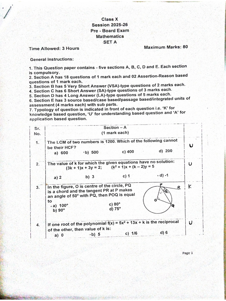 Class 10 - Maths Pre Board 1 | PDF