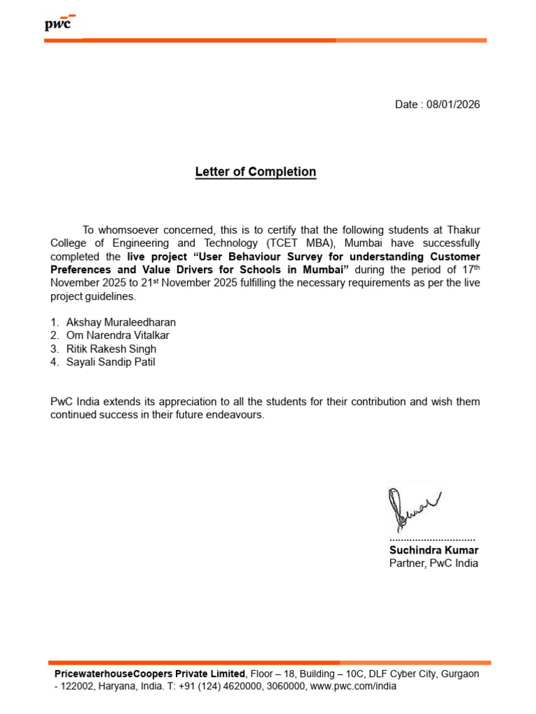 TCET MBA Students Live Project Letter of Completion | PDF