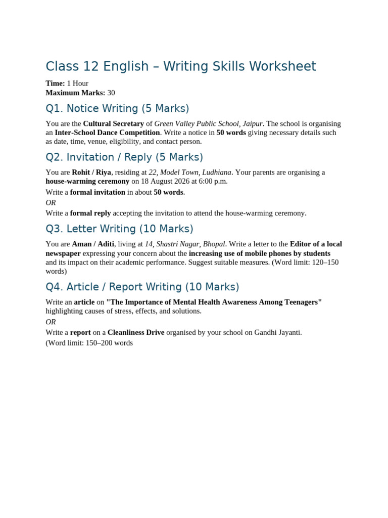 Class 12 English Writing Skills Guide | PDF