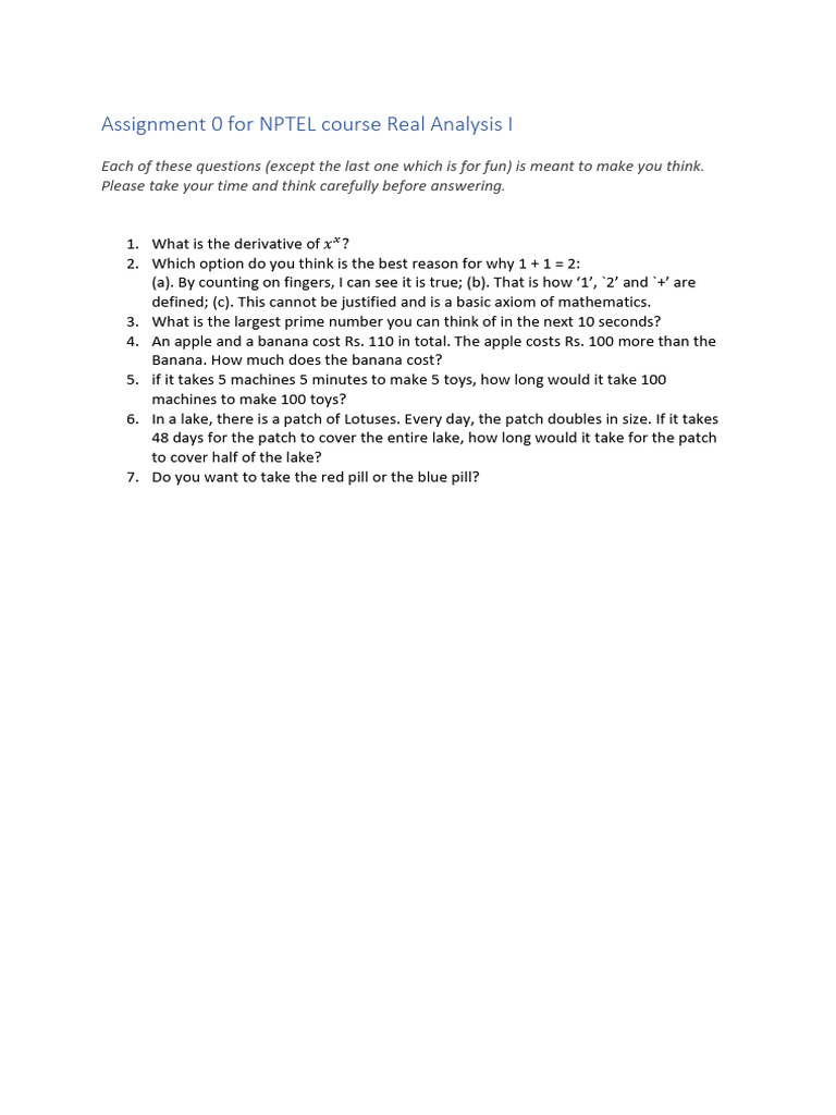 Assignment 0 for NPTEL Course Real Analysis I | PDF