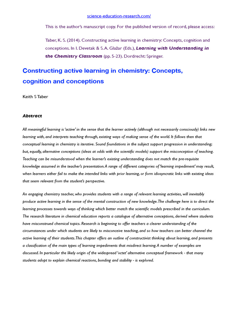 Taber, K. S. (2014). Constructing active learning in chemistry | PDF ...