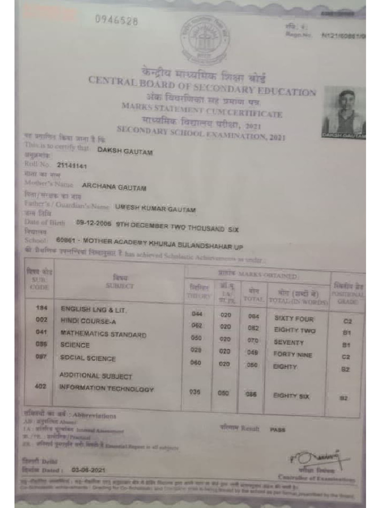 10th Marksheet Daksh | PDF