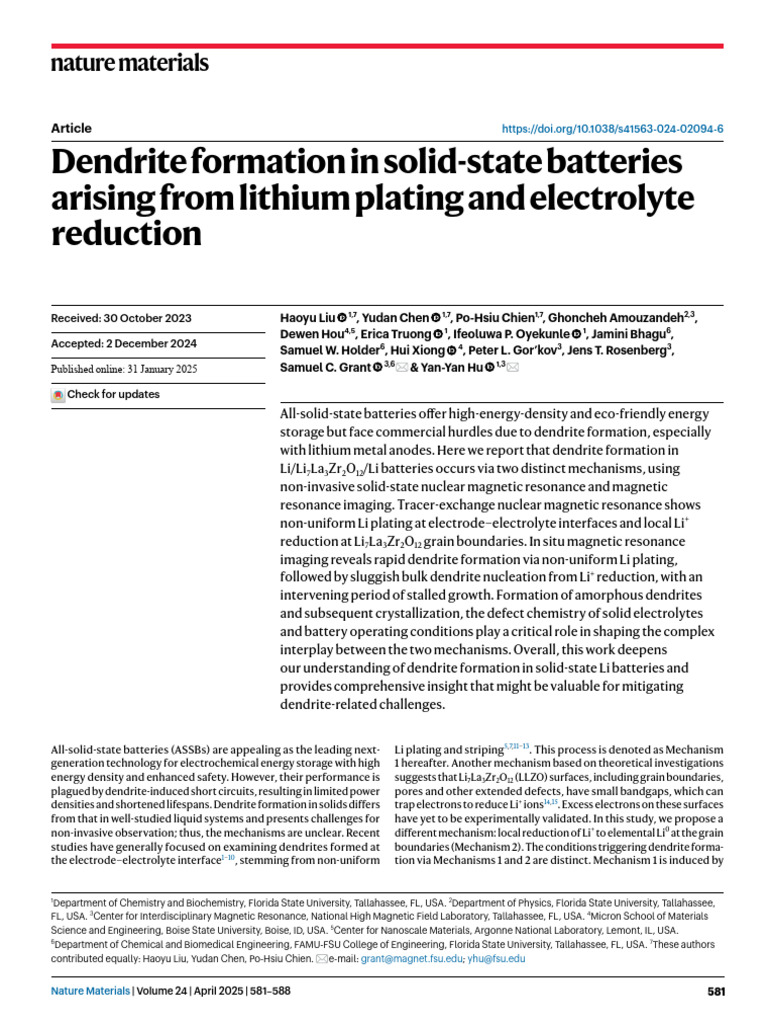 Dendrite Formation in Solid-State Batteries | PDF | Nuclear Magnetic ...