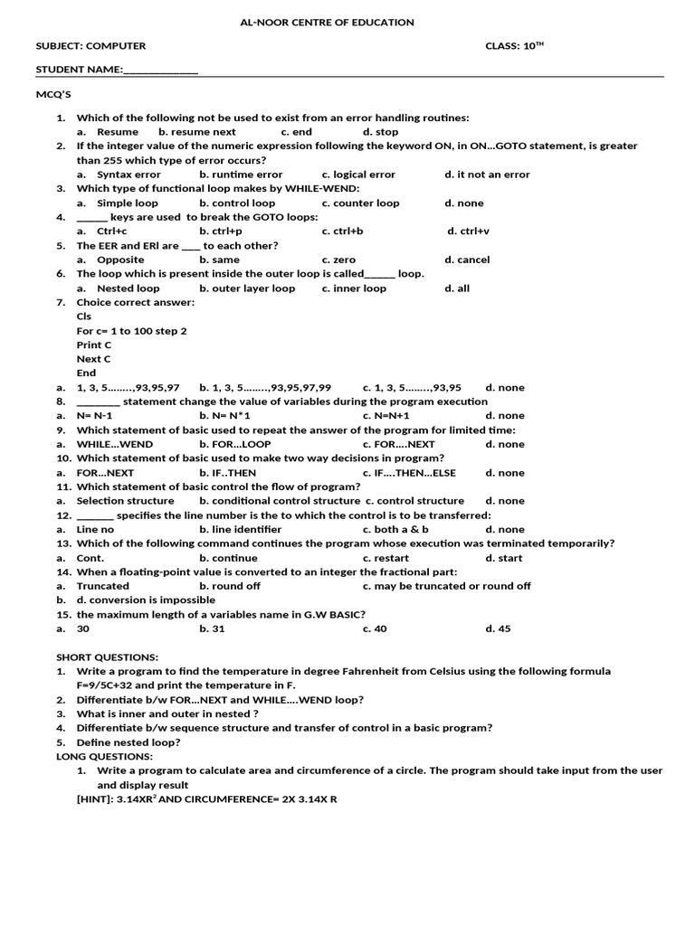 Class 10 Computer MCQs and Programming Tasks | PDF | Control Flow ...