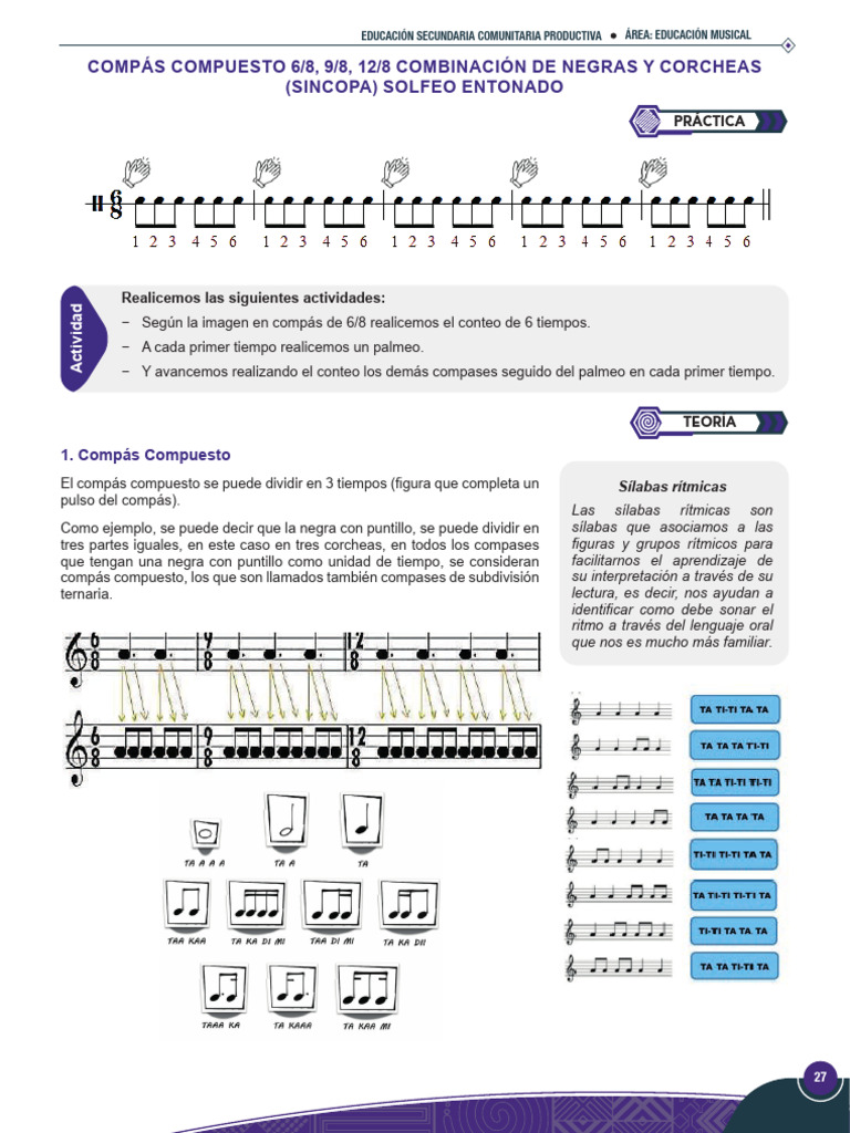 Compás Compuesto. Combinación de Negras y Corcheas (Sincopa), Solfeo ...