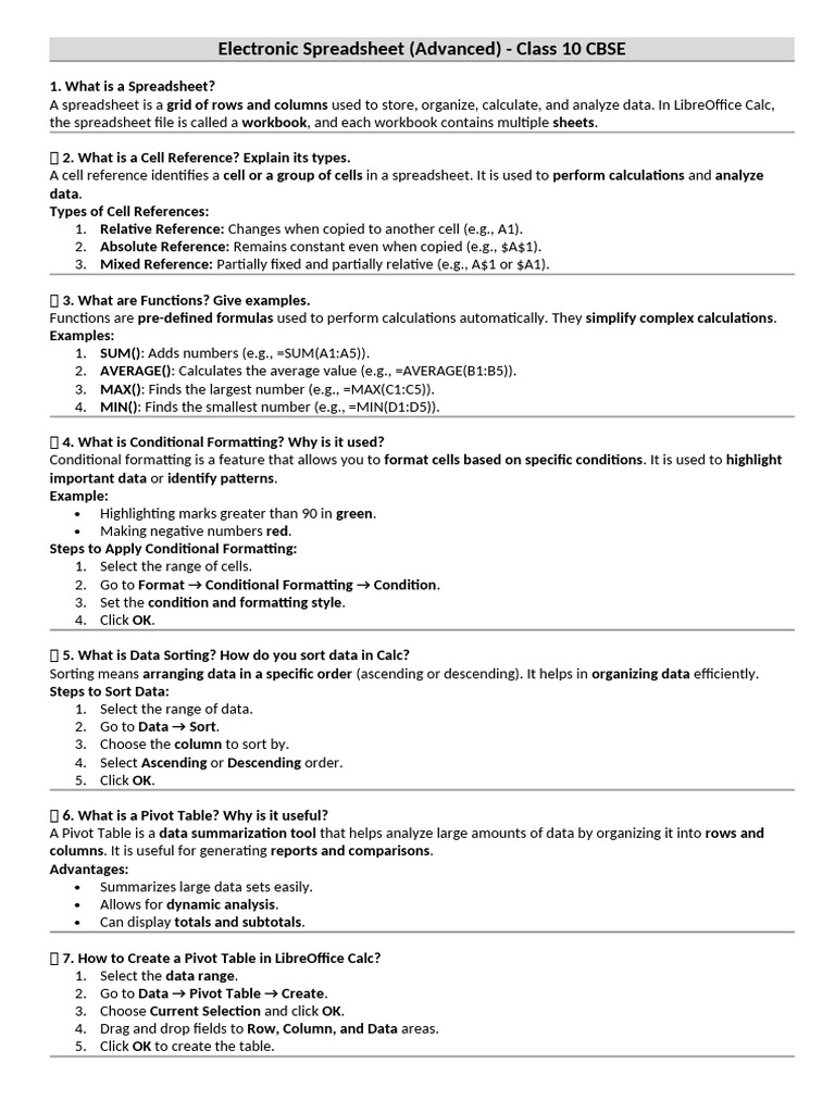 Advanced Spreadsheet Techniques for CBSE Class 10 | PDF | Spreadsheet ...
