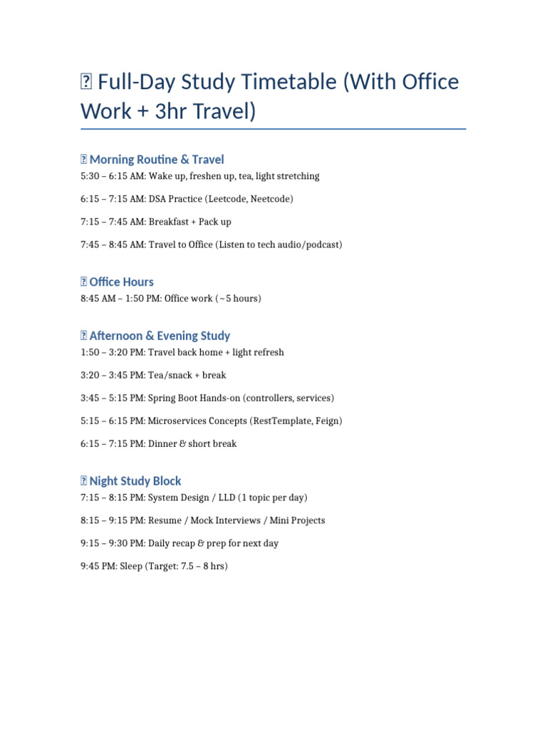 Full-Day Study Timetable for Professionals | PDF