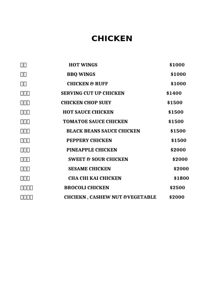 Chicken Dishes Menu with Prices | PDF
