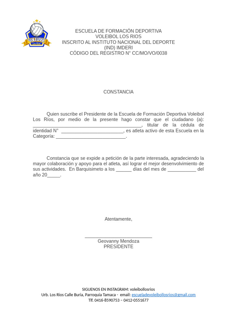 Constancia de Atleta Voleibol Los Ríos | PDF