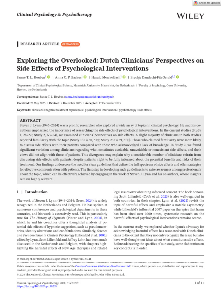 Dutch Clinicians on Psychotherapy Side Effects | PDF | Psychotherapy ...