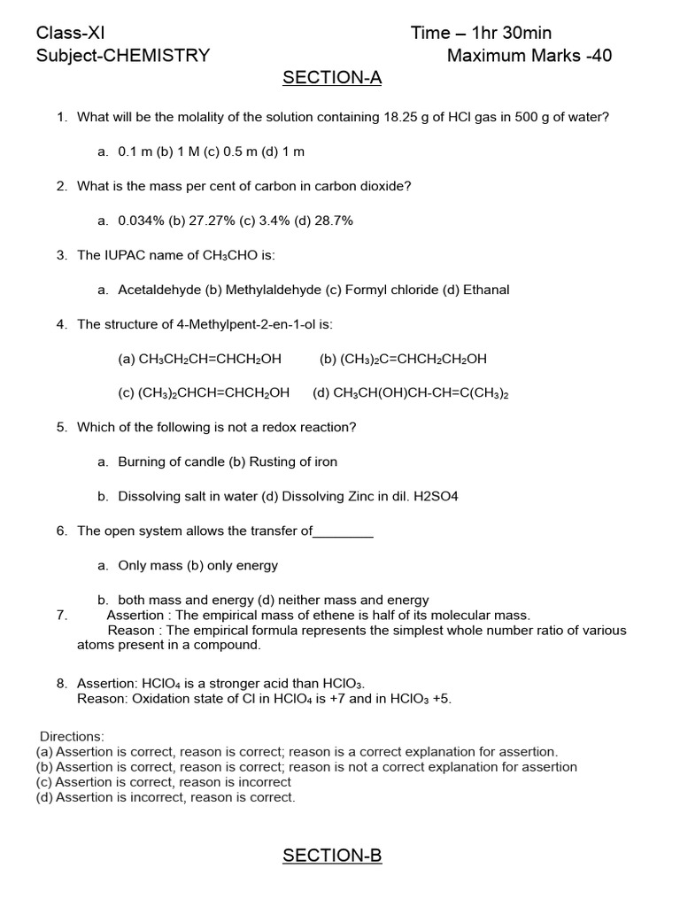 Class XI Chemistry Sample Paper | PDF | Redox | Chemical Reactions