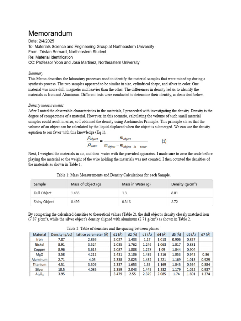 Lab 1_ Memorandum | PDF | Crystal Structure | Density