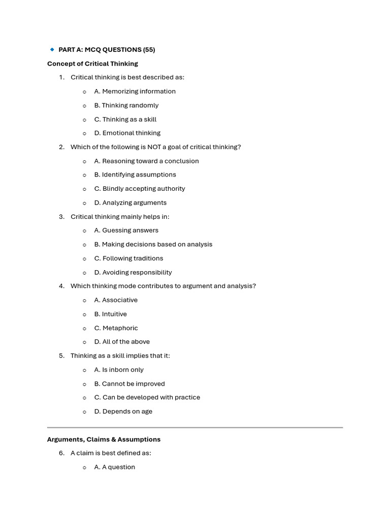 Critical Thinking MCQ Questions Guide | PDF | Critical Thinking | Argument