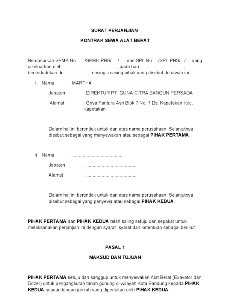 Format Surat Perjanjian Sewa Alat Berat Guru Paud