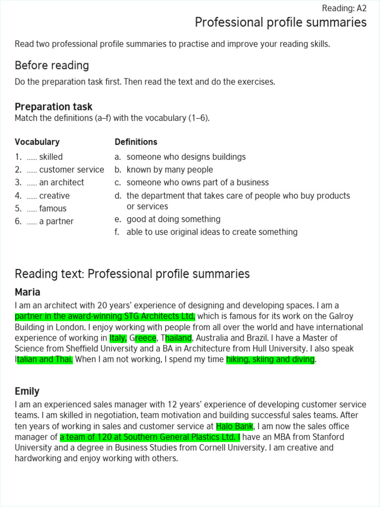 Professional Profile Summaries for A2 Reading | PDF | Chess Theory | Chess