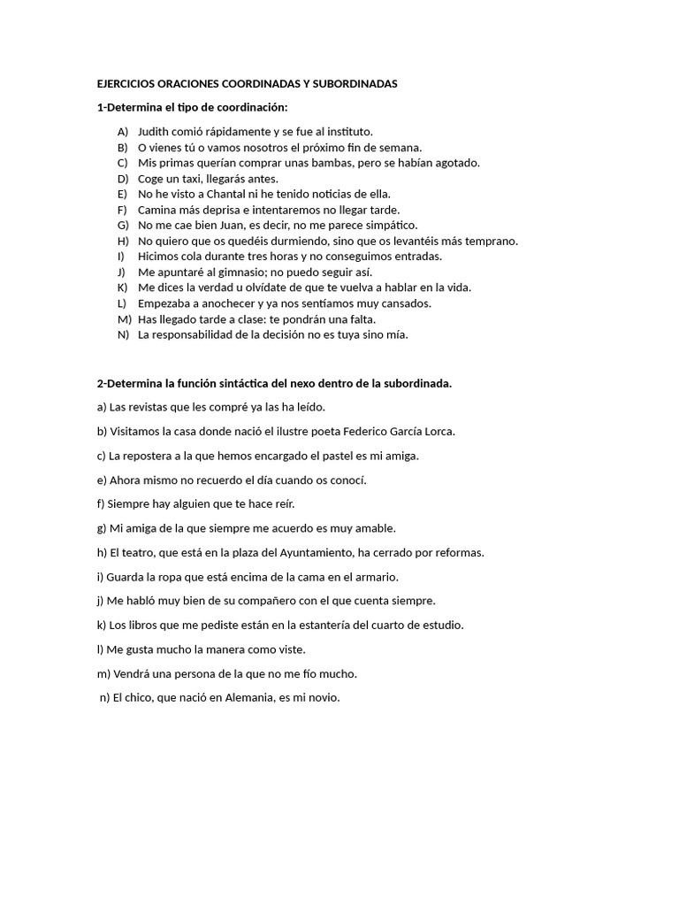 Ejercicios de Oraciones Coordinadas y Subordinadas | PDF | Oración ...