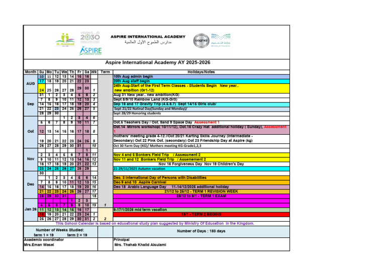 Aspire International Academy 2025-2026 Calendar | PDF