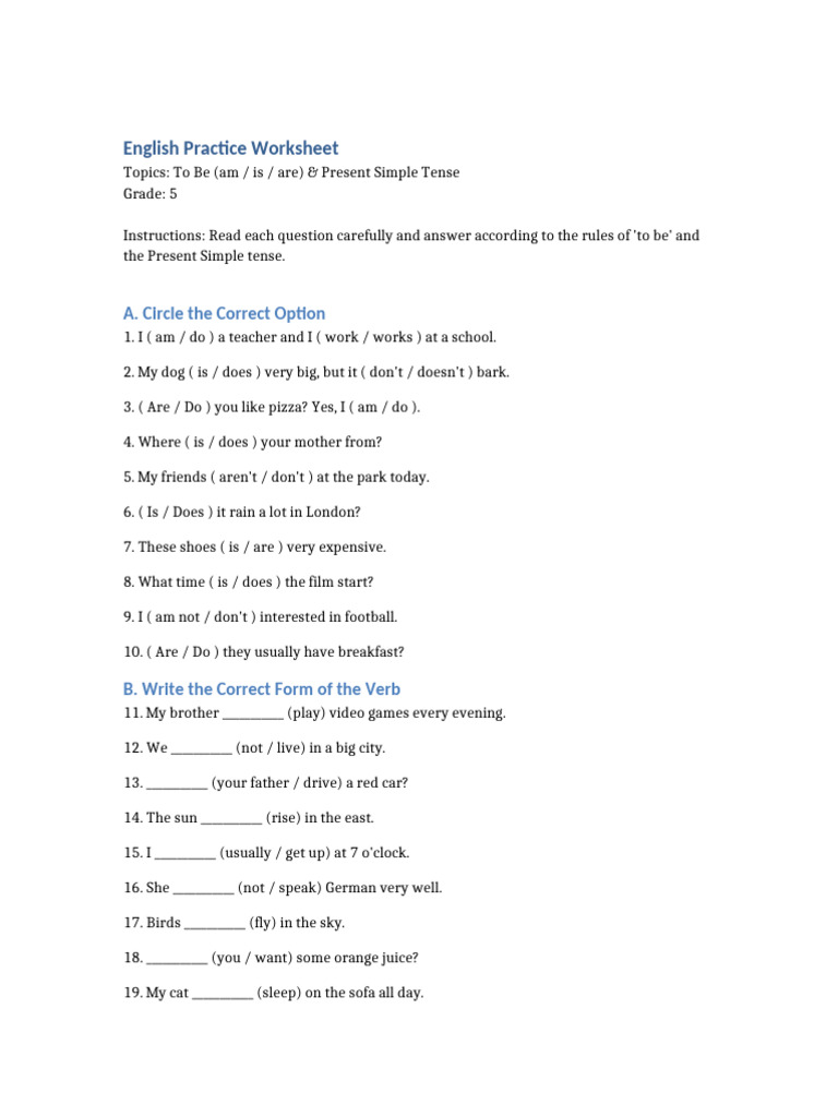 English Practice: To Be & Present Simple | PDF | Grammar | Syntax